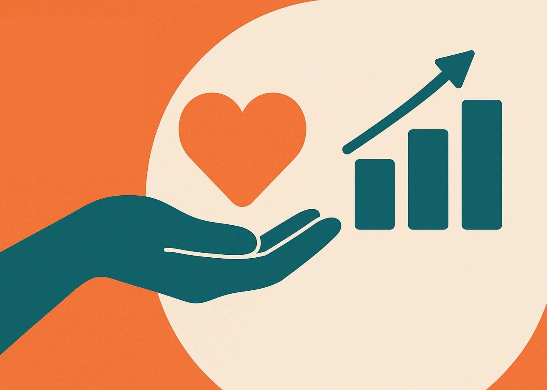 An abstract illustration of a hand with a heart and a growth chart next to it representing a social enterprise business entity.