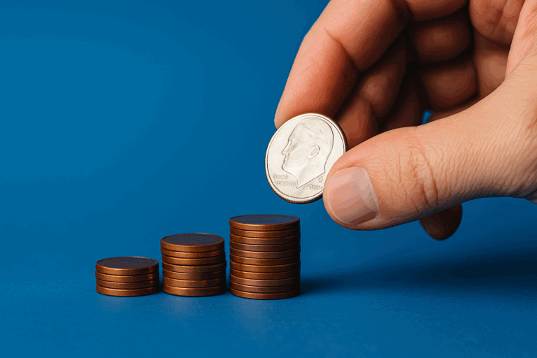 A hand places a dime on top of one of four ascending stacks of pennies arranged on a blue background.
