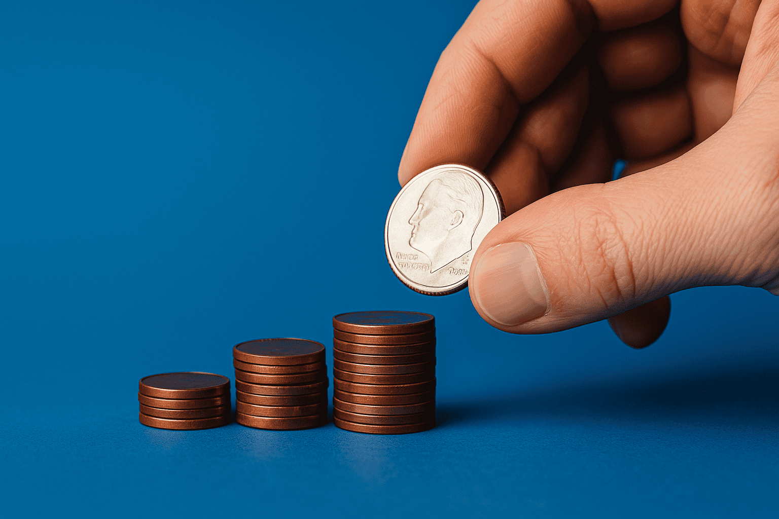 A hand places a dime on top of one of four ascending stacks of pennies arranged on a blue background.