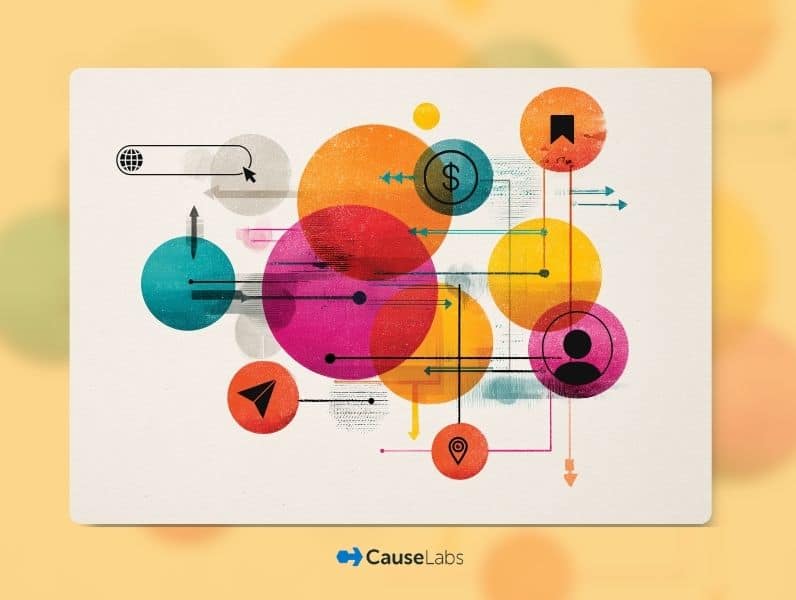 Abstract illustration featuring colorful overlapping circles, arrows, and various icons such as a dollar sign, bookmark, and location marker, displayed above the CauseLabs logo.