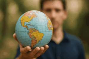 A person holds a globe in their outstretched hand, with North and South America visible, and the persons face blurred in the background.