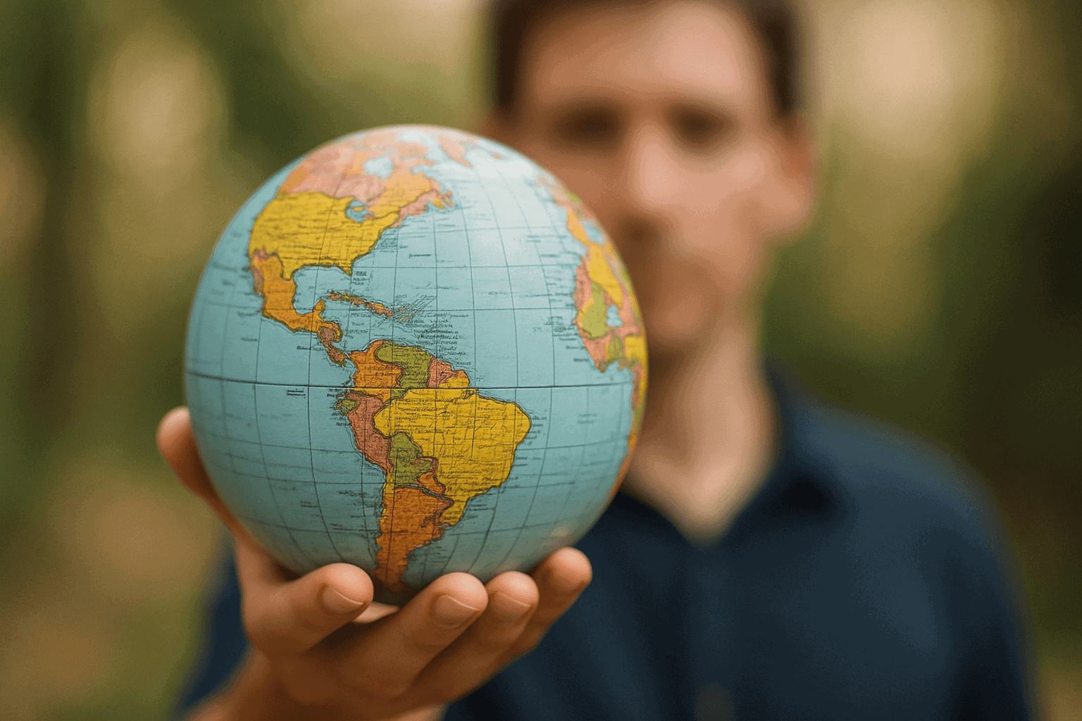 A person holds a globe in their outstretched hand, with North and South America visible, and the persons face blurred in the background.