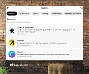 A computer screen displays the Explore GPTs section of the ChatGPT app, showing featured tools: Video AI by invideo, Expedia, and Canva. The CauseLabs logo is visible at the bottom left.