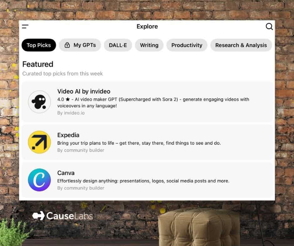 A computer screen displays the Explore GPTs section of the ChatGPT app, showing featured tools: Video AI by invideo, Expedia, and Canva. The CauseLabs logo is visible at the bottom left.