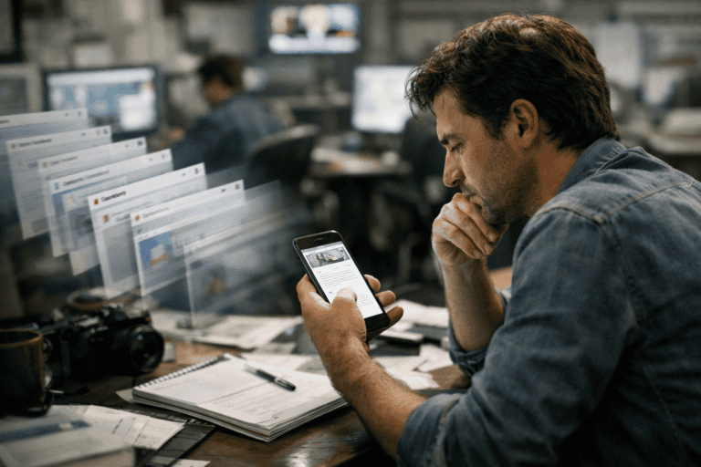 A man sits at a cluttered desk, looking at his phone with digital news articles projected around him, suggesting multitasking or information overload.