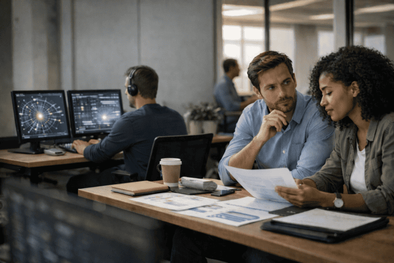 Two colleagues review documents at a desk in a modern office, while another person works at computers displaying data visualizations—highlighting how AI speeds up information, yet human trust takes time to build.