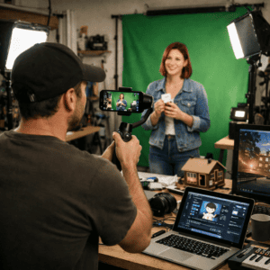 A man films a woman speaking in front of a green screen in a studio, with recording equipment, lights, and a laptop visible on the desk, but there is a creative shift toward AI content generation that removes this barrier to entry.