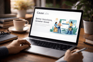 Person using a laptop at a wooden desk displaying the CauseLabs website, with the slogan Better Solutions, Greater Good and an illustration of people working together.