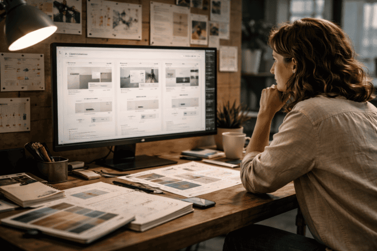 A woman sits at a desk viewing a large computer monitor displaying multiple website layouts for UX Design, surrounded by notebooks, papers, and a coffee cup in an organized workspace.