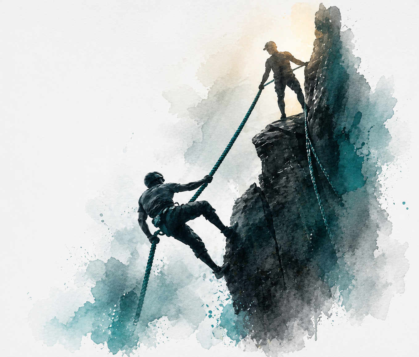 Two climbers with helmets use ropes to ascend a steep rocky cliff, one assisting the other near the top. The image has a watercolor effect.
