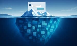 An iceberg metaphor showing an AI chatbot interface above water, with a vast network of digital files, documents, and data icons submerged beneath the surface.