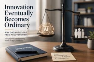 A scale with an AI icon outweighed by human figures sits beside a “Governance” binder and trust-related notes, illustrating AI governance in organizations.