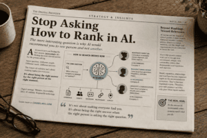 A newspaper shows an article about AI ranking, featuring a diagram of how AI search works and sections about relevance, AI goals, and finding the right answers, on a wooden table with coffee and glasses.