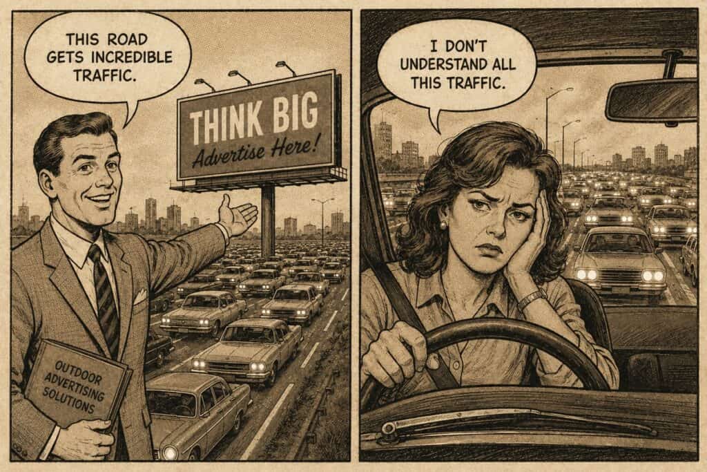 traffic_perspectives A man advertises billboard space on a busy road; in the next panel, a frustrated woman sits in traffic, surrounded by many cars.