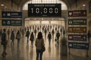 A crowd enters a train station under a sign reading Website Visitors 10,000 Today, with directional signs for learn, help, donate, volunteer, attend, partner, and stay informed.