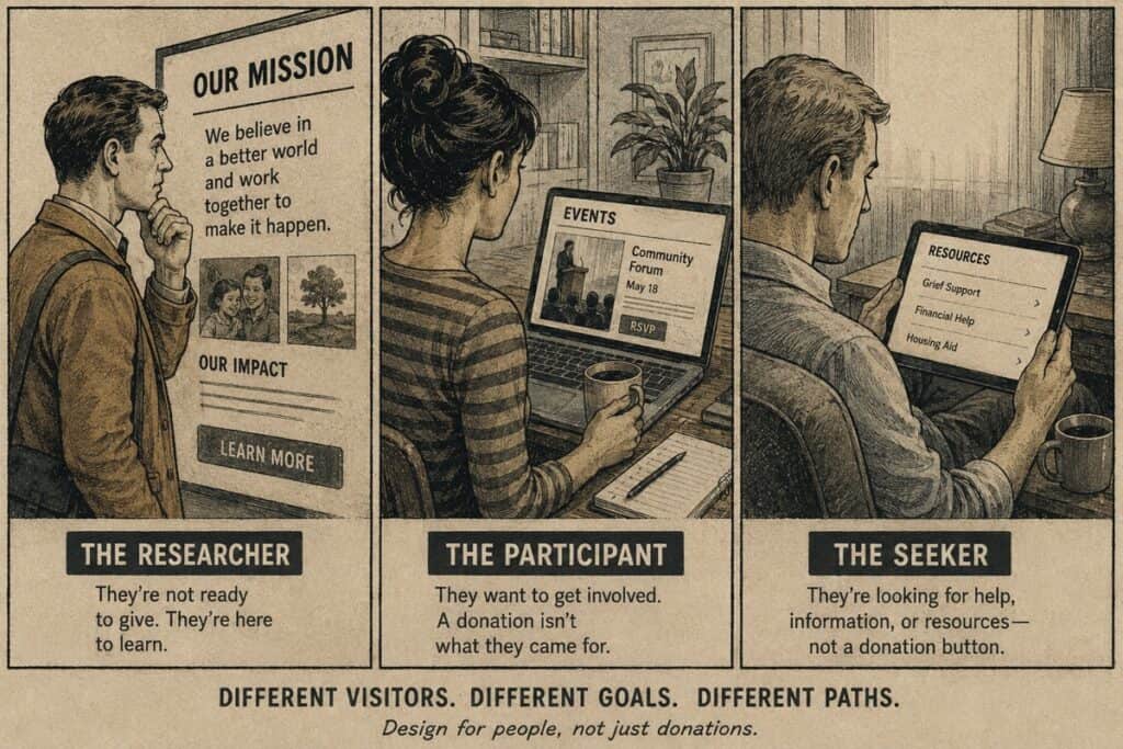websites_serve_different_audiences Three people using devices: a man reading a mission page, a woman checking upcoming events, and another person browsing resources for support on a laptop. Each represents a different visitor type.