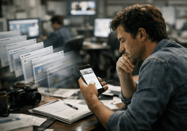 A man sits at a cluttered desk, looking at his phone with digital news articles projected around him, suggesting multitasking or information overload.