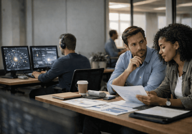 Two colleagues review documents at a desk in a modern office, while another person works at computers displaying data visualizations—highlighting how AI speeds up information, yet human trust takes time to build.