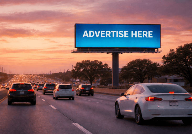 Cars drive on a highway at sunset with a large digital billboard above displaying the message “ADVERTISE HERE.”.