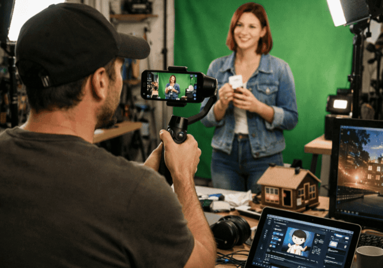 A man films a woman speaking in front of a green screen in a studio, with recording equipment, lights, and a laptop visible on the desk, but there is a creative shift toward AI content generation that removes this barrier to entry.