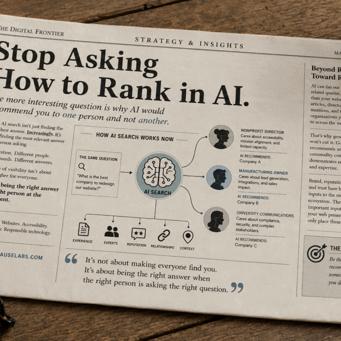 A newspaper shows an article about AI ranking, featuring a diagram of how AI search works and sections about relevance, AI goals, and finding the right answers, on a wooden table with coffee and glasses.