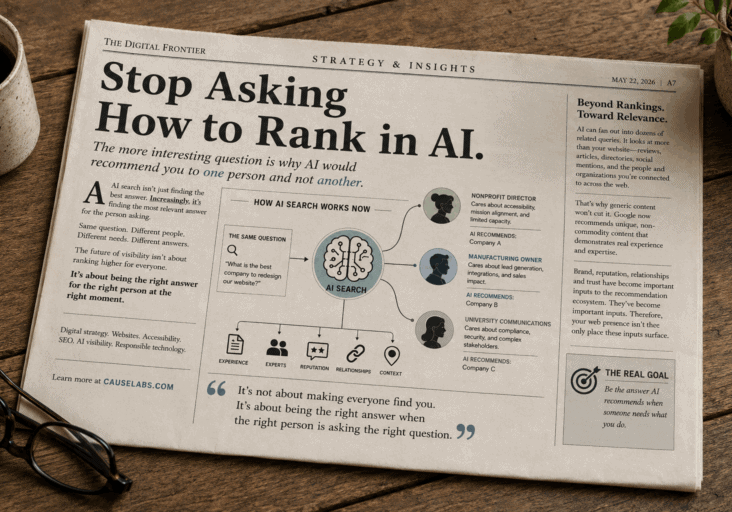 A newspaper shows an article about AI ranking, featuring a diagram of how AI search works and sections about relevance, AI goals, and finding the right answers, on a wooden table with coffee and glasses.