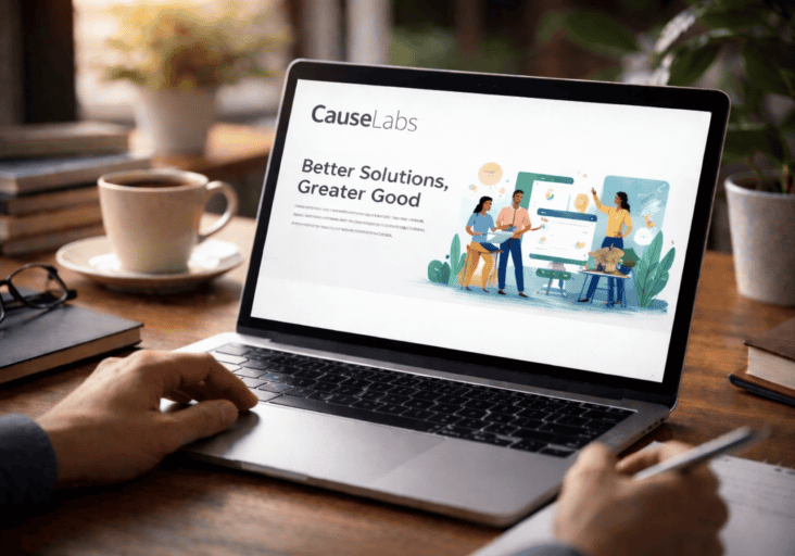 Person using a laptop at a wooden desk displaying the CauseLabs website, with the slogan Better Solutions, Greater Good and an illustration of people working together.