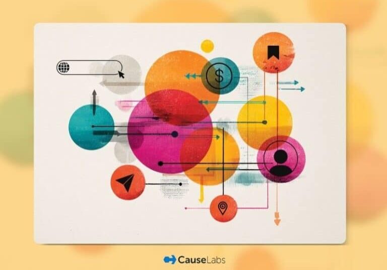 Abstract illustration featuring colorful overlapping circles, arrows, and various icons such as a dollar sign, bookmark, and location marker, displayed above the CauseLabs logo.
