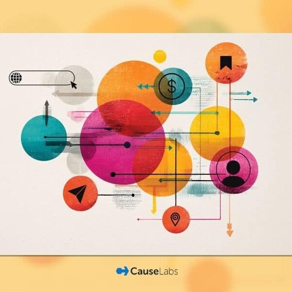 Abstract illustration featuring colorful overlapping circles, arrows, and various icons such as a dollar sign, bookmark, and location marker, displayed above the CauseLabs logo.