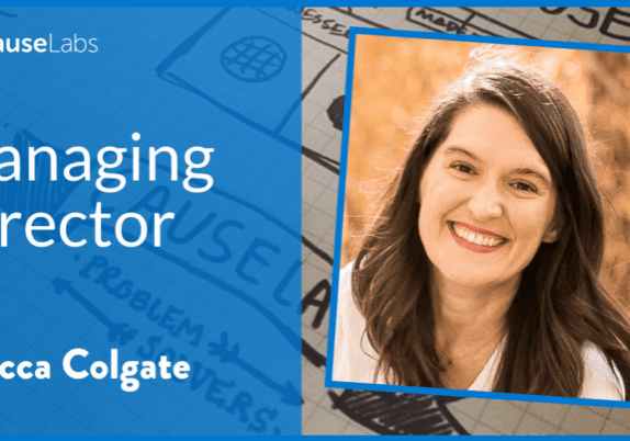 Rebecca Colgate with words "Managing Director" Rebecca Colgate on the left and Rebecca Colgate headshot on the right