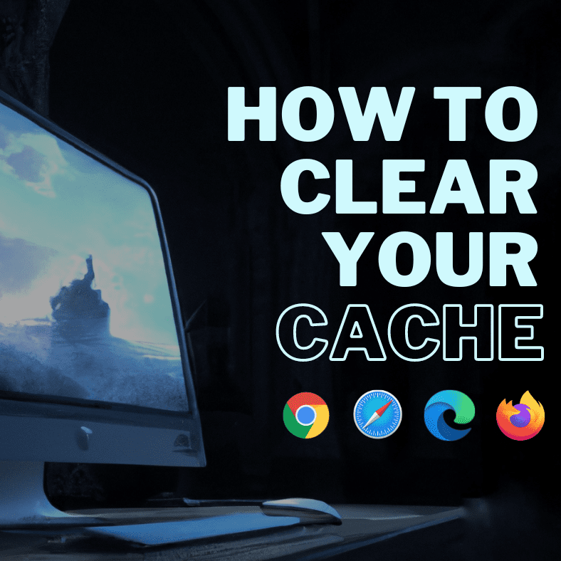 Text overlaying the image of a computer: How to clear your cache
