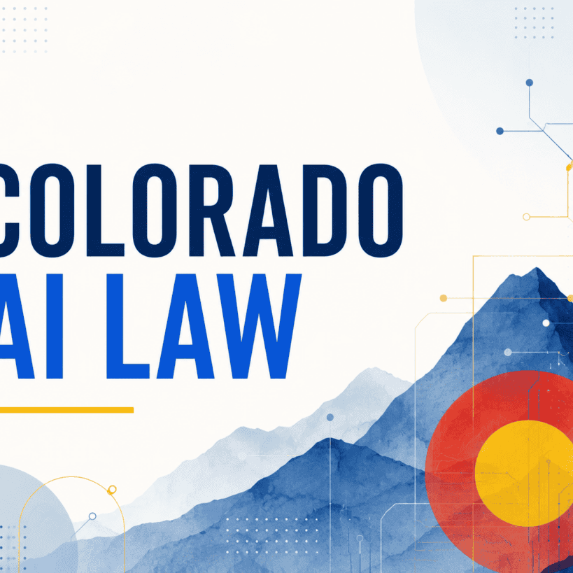 Text Colorado AI Law with a stylized mountain background, circuit patterns, and Colorado state flag elements integrated into the design.