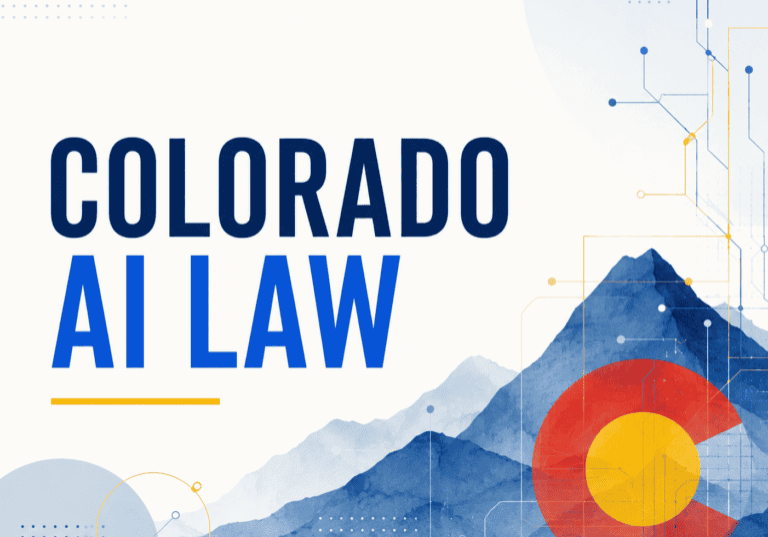 Text Colorado AI Law with a stylized mountain background, circuit patterns, and Colorado state flag elements integrated into the design.