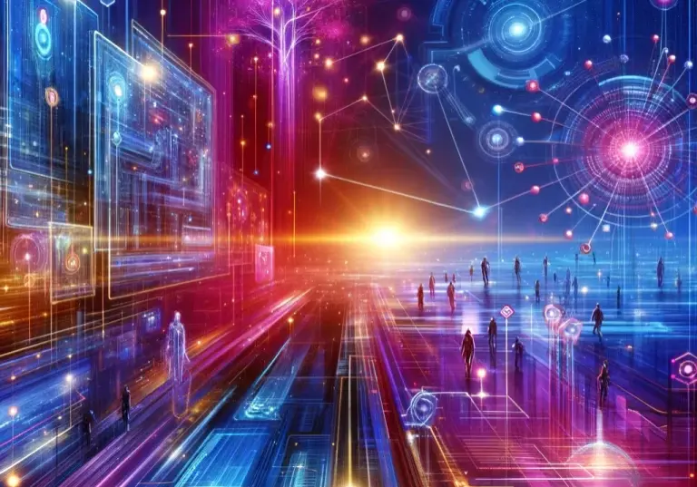 DALL·E image representing digital transformation with bright colors depicting a digital ecosystem.