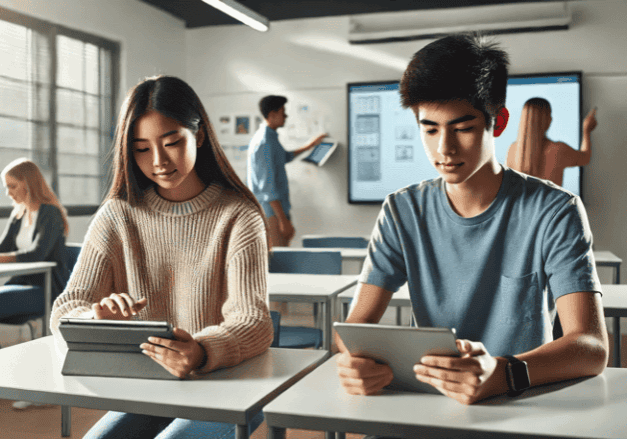 Two teens, one Asian female and one Hispanic male, sitting at classroom desks using tablets with digital programs.