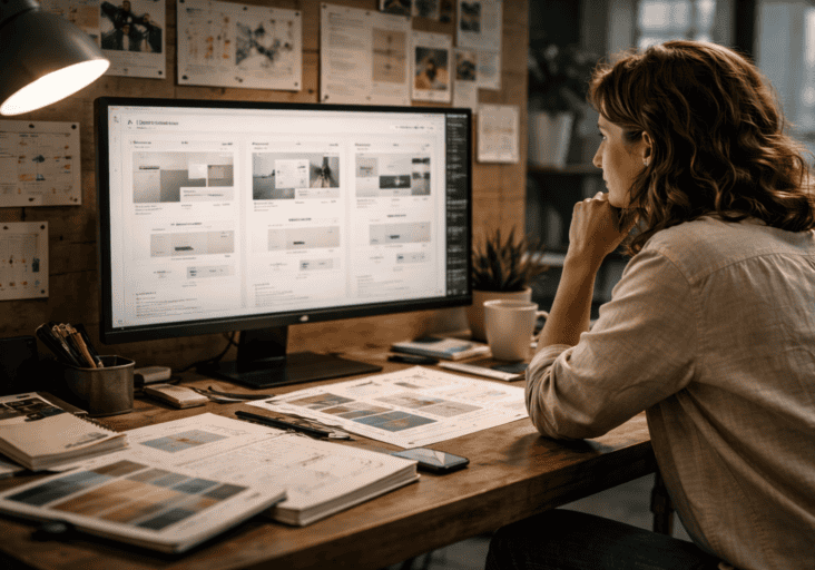A woman sits at a desk viewing a large computer monitor displaying multiple website layouts for UX Design, surrounded by notebooks, papers, and a coffee cup in an organized workspace.