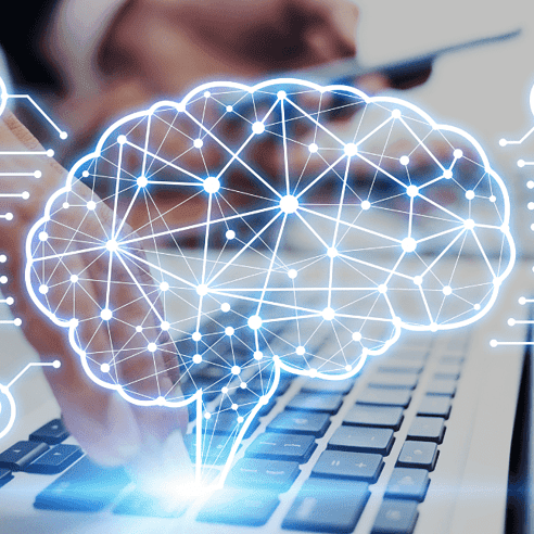 Human brain in foreground with various signals related to technology used for AI concept with man on the background using laptop