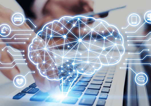 Human brain in foreground with various signals related to technology used for AI concept with man on the background using laptop