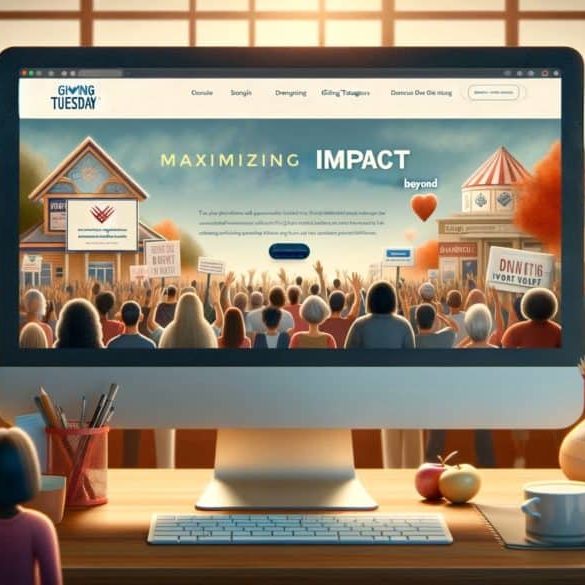 Illustration of people looking at a website that says "Maximizing Impact" for Giving Tuesday.