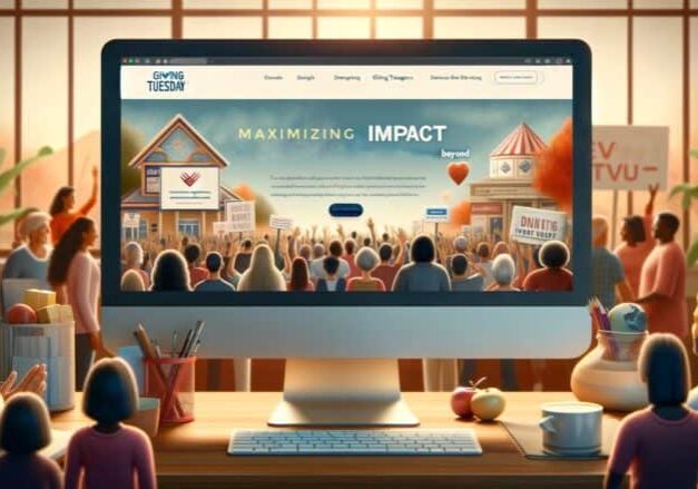 Illustration of people looking at a website that says "Maximizing Impact" for Giving Tuesday.