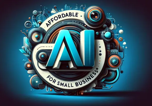 Affordable AI for Small Business abstract illustration with text.
