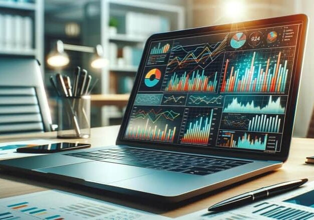 Forecasting cash flow, abstract photo of charts on a laptop.
