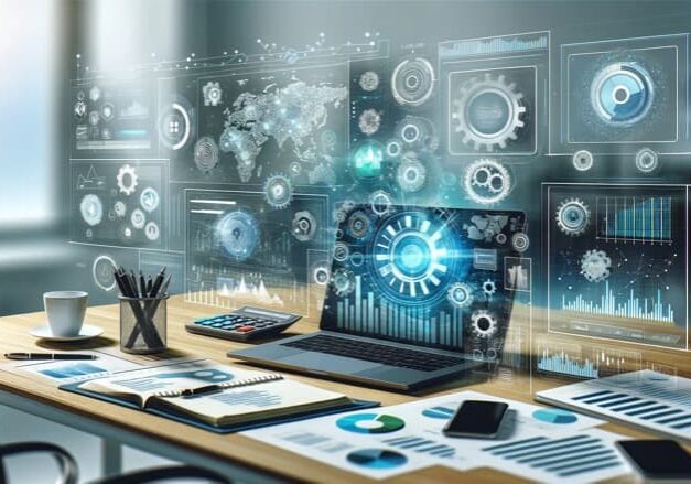 Abstract image of a laptop with automated reporting data floating in the air.