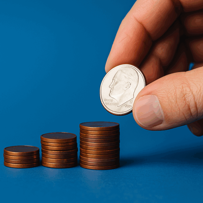 A hand places a dime on top of one of four ascending stacks of pennies arranged on a blue background.