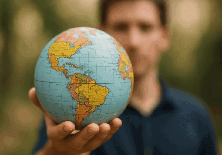 A person holds a globe in their outstretched hand, with North and South America visible, and the persons face blurred in the background.