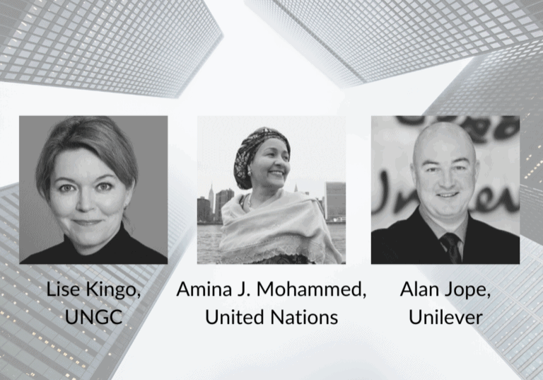 Portraits of Lise Kingo, Amina J. Mohammed, and Alan Jope.