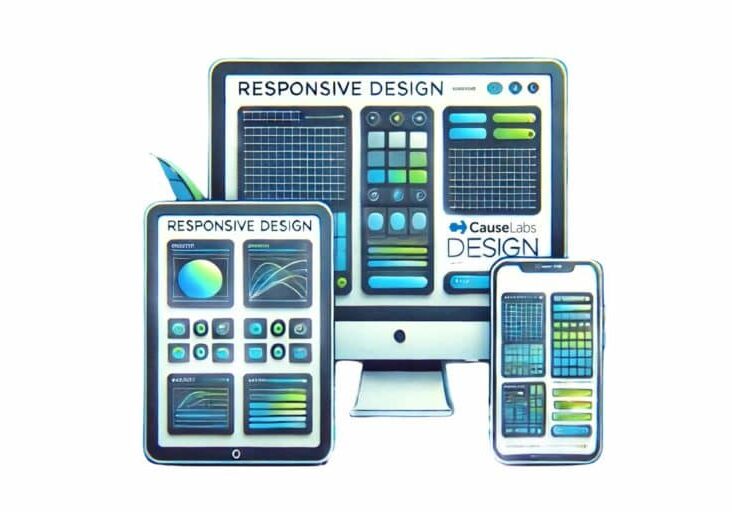 Illustration of a desktop, tablet and mobile device to showcase responsive design breakpoints for digital success.