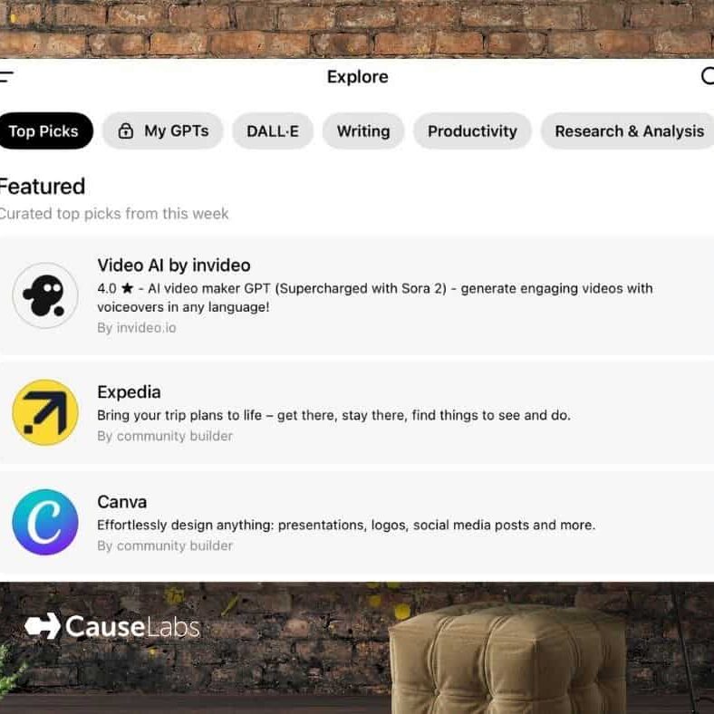 A computer screen displays the Explore GPTs section of the ChatGPT app, showing featured tools: Video AI by invideo, Expedia, and Canva. The CauseLabs logo is visible at the bottom left.