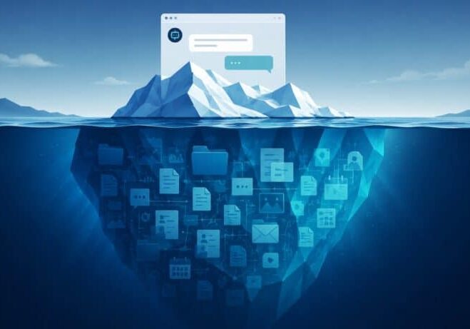 An iceberg metaphor showing an AI chatbot interface above water, with a vast network of digital files, documents, and data icons submerged beneath the surface.