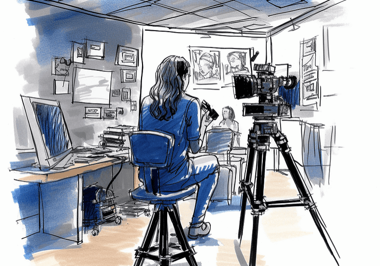 Illustration of a woman in a video recording studio